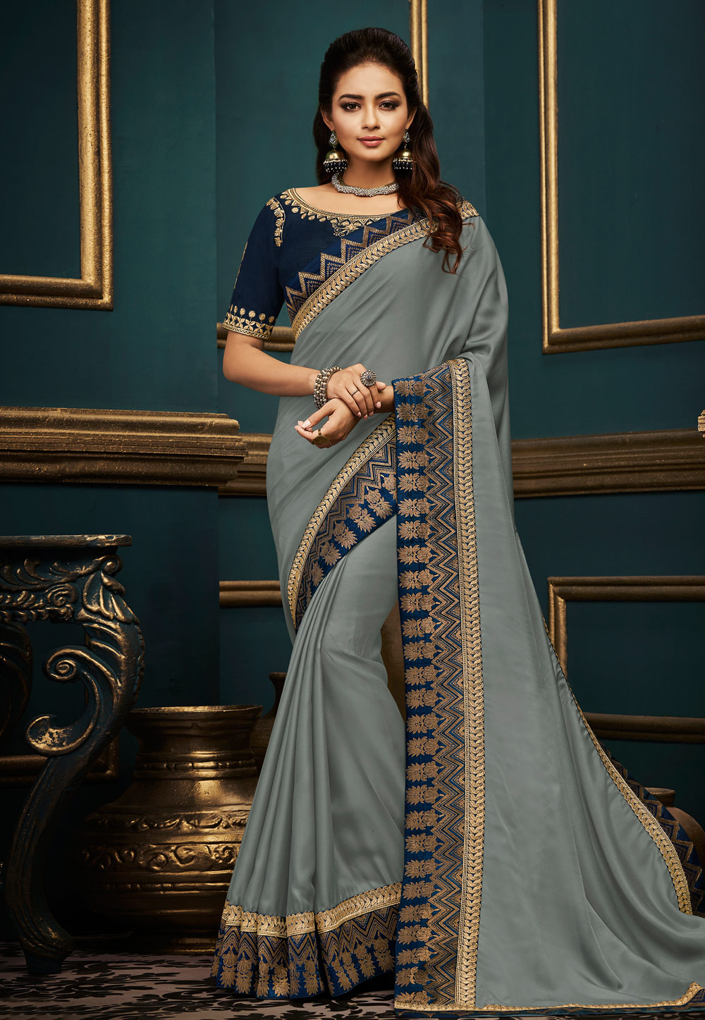 Gray Satin Embroidered Party Wear Saree 10613 0303